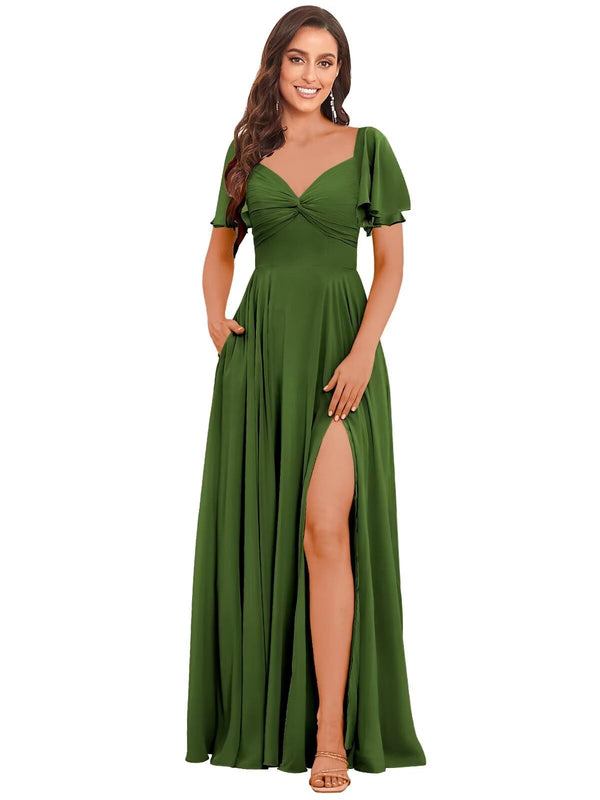 A-line V-Neck Floor-Length Chiffon Bridesmaid Dress With Ruffle