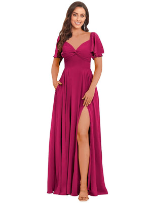 A-line V-Neck Floor-Length Chiffon Bridesmaid Dress With Ruffle