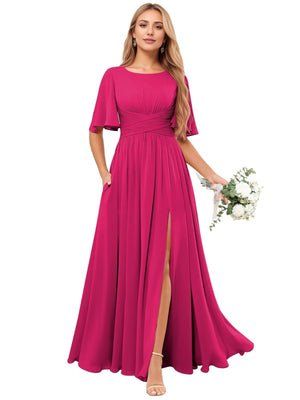 A-line Scoop Floor-Length Chiffon Bridesmaid Dress With Ruffle