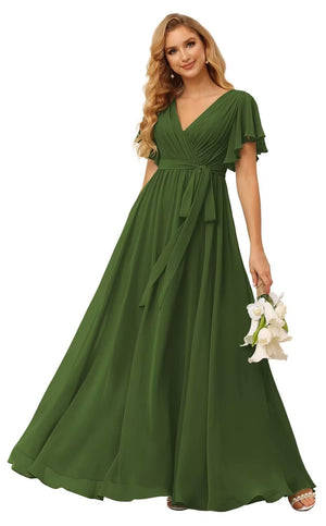 A-line V-Neck Floor-Length Chiffon Bridesmaid Dress With Ruffle