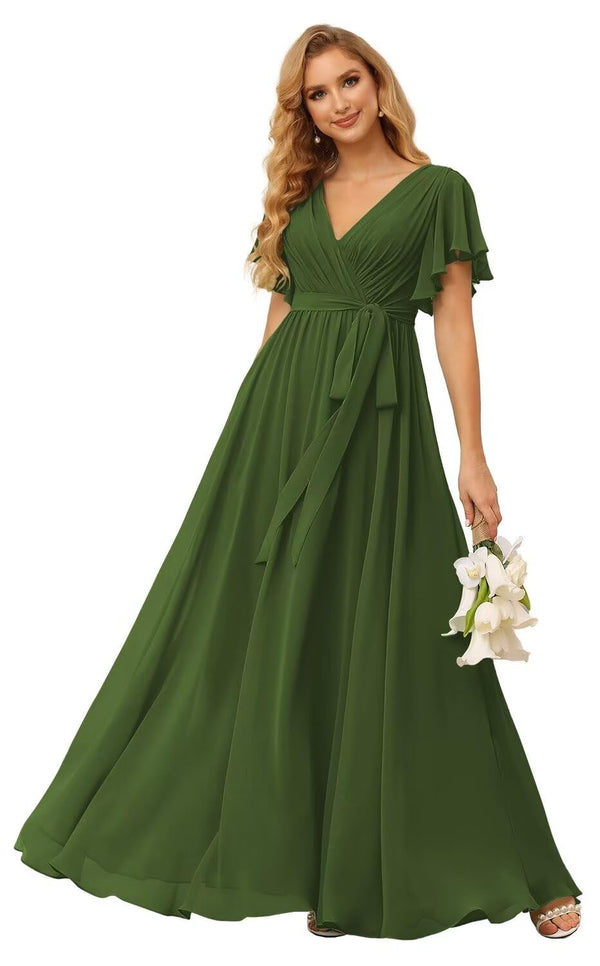 A-line V-Neck Floor-Length Chiffon Bridesmaid Dress With Ruffle