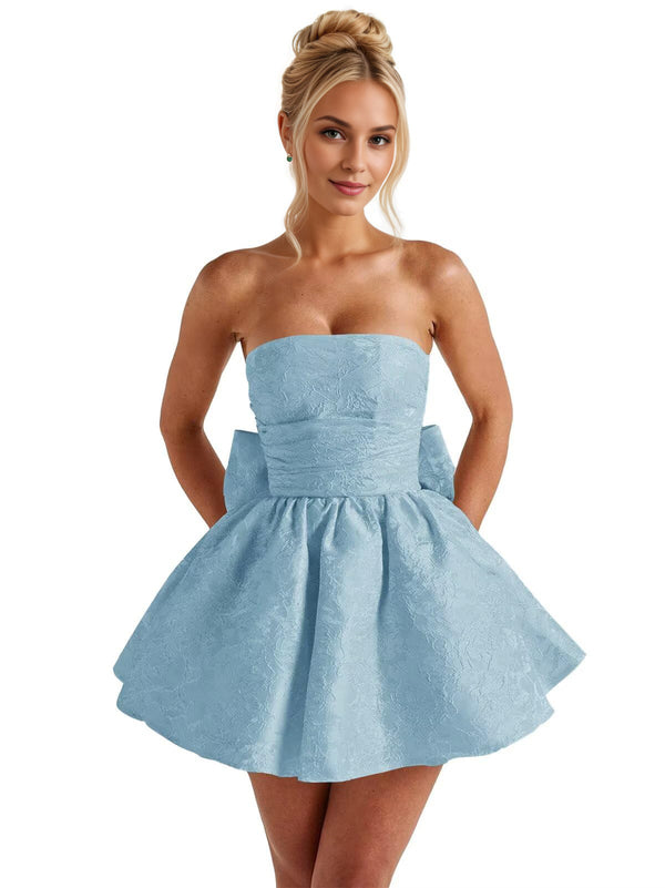 A-Line Strapless Short Jacquard Prom Dresses With Bow