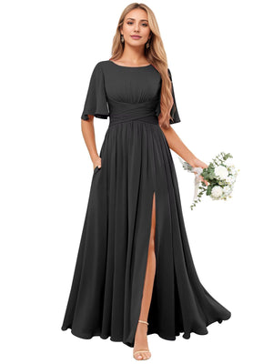 A-line Scoop Floor-Length Chiffon Bridesmaid Dress With Ruffle