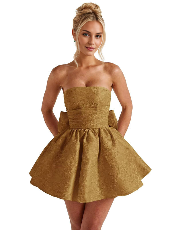 A-Line Strapless Short Jacquard Prom Dresses With Bow