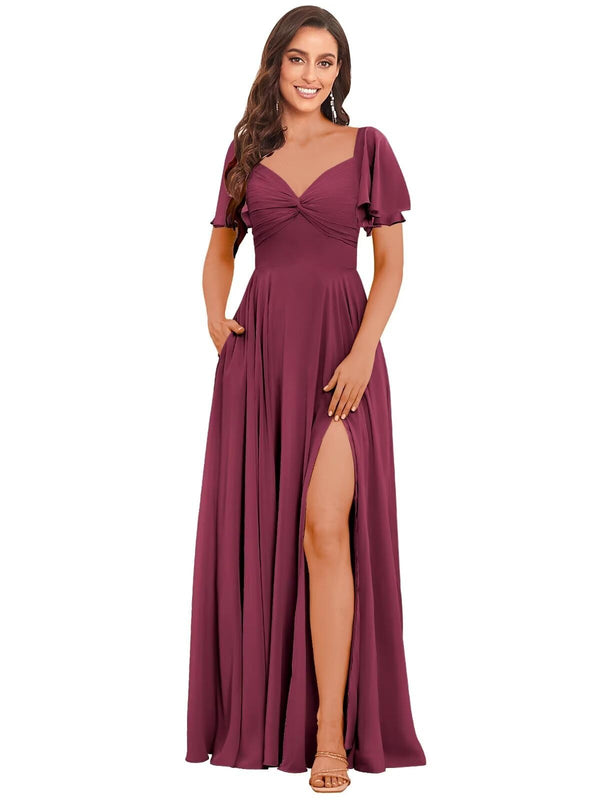 A-line V-Neck Floor-Length Chiffon Bridesmaid Dress With Ruffle