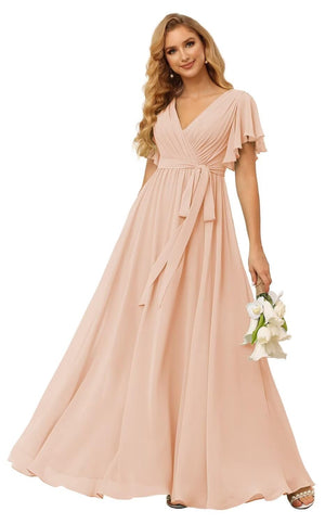 A-line V-Neck Floor-Length Chiffon Bridesmaid Dress With Ruffle