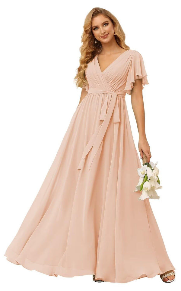 A-line V-Neck Floor-Length Chiffon Bridesmaid Dress With Ruffle