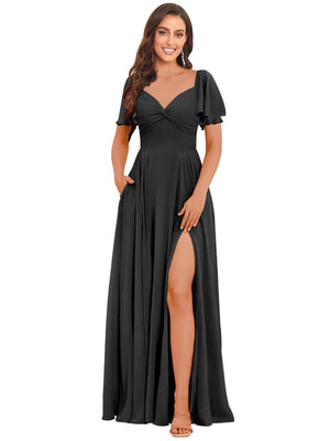 A-line V-Neck Floor-Length Chiffon Bridesmaid Dress With Ruffle