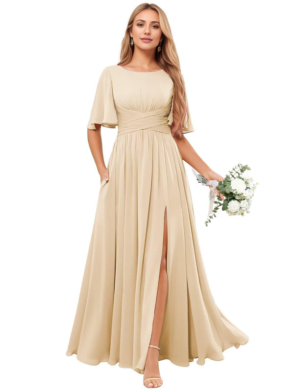 A-line Scoop Floor-Length Chiffon Bridesmaid Dress With Ruffle