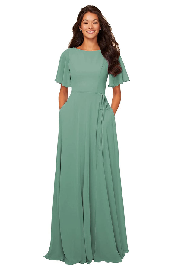A-line Scoop Floor-Length Chiffon Bridesmaid Dress With Ruffle