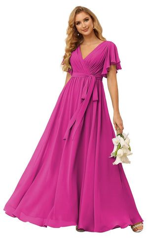 A-line V-Neck Floor-Length Chiffon Bridesmaid Dress With Ruffle