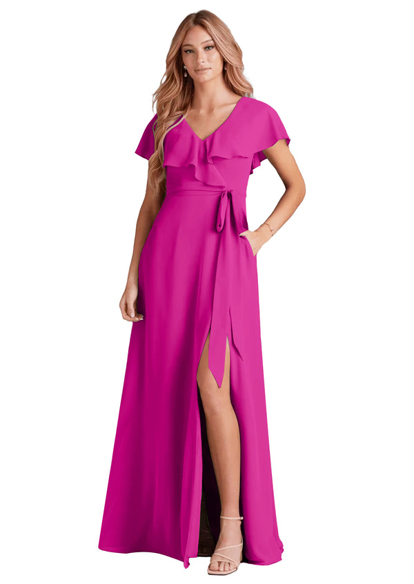 A-line V-Neck Floor-Length Chiffon Bridesmaid Dress With Ruffle