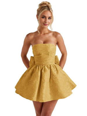 A-Line Strapless Short Jacquard Prom Dresses With Bow