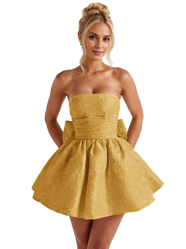 A-Line Strapless Short Jacquard Prom Dresses With Bow