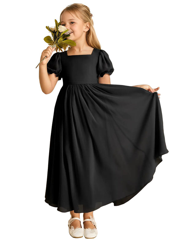 A-line Scoop-Neck Short Sleeves Chiffon Junior Bridesmaid Dress