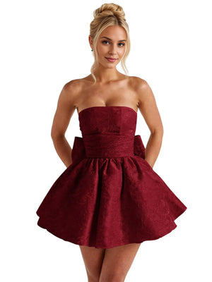 A-Line Strapless Short Jacquard Prom Dresses With Bow