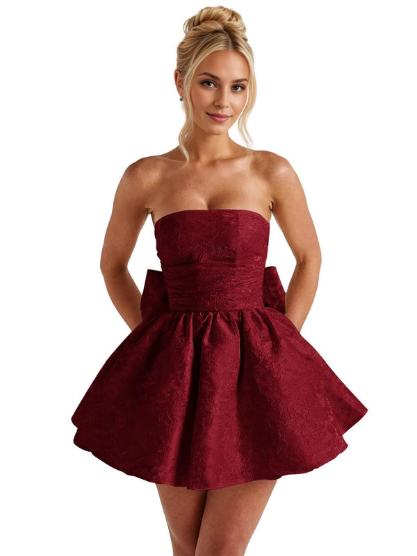 A-Line Strapless Short Jacquard Prom Dresses With Bow