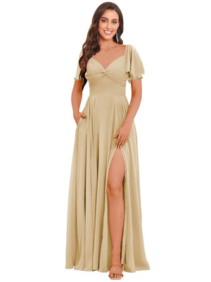 A-line V-Neck Floor-Length Chiffon Bridesmaid Dress With Ruffle