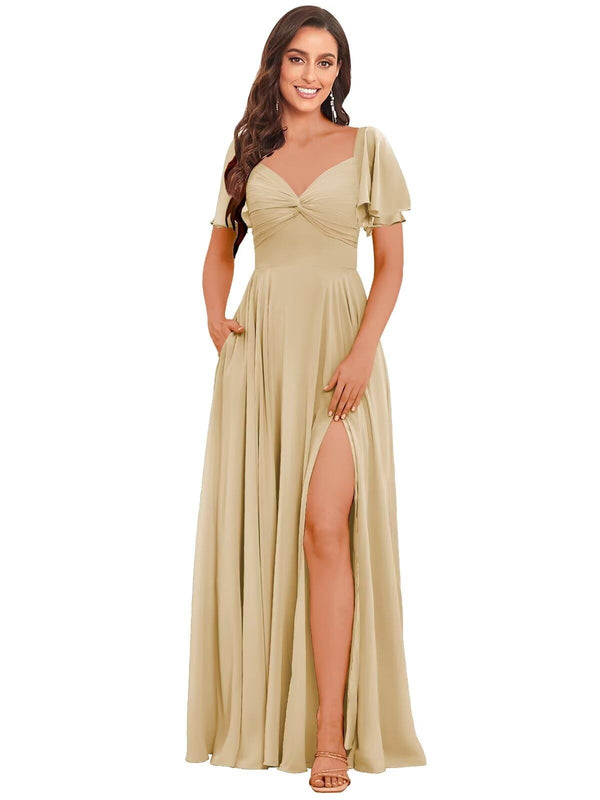 A-line V-Neck Floor-Length Chiffon Bridesmaid Dress With Ruffle