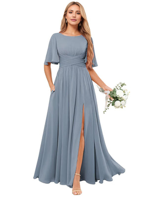 A-line Scoop Floor-Length Chiffon Bridesmaid Dress With Ruffle