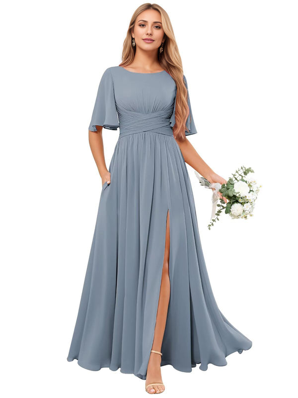 A-line Scoop Floor-Length Chiffon Bridesmaid Dress With Ruffle