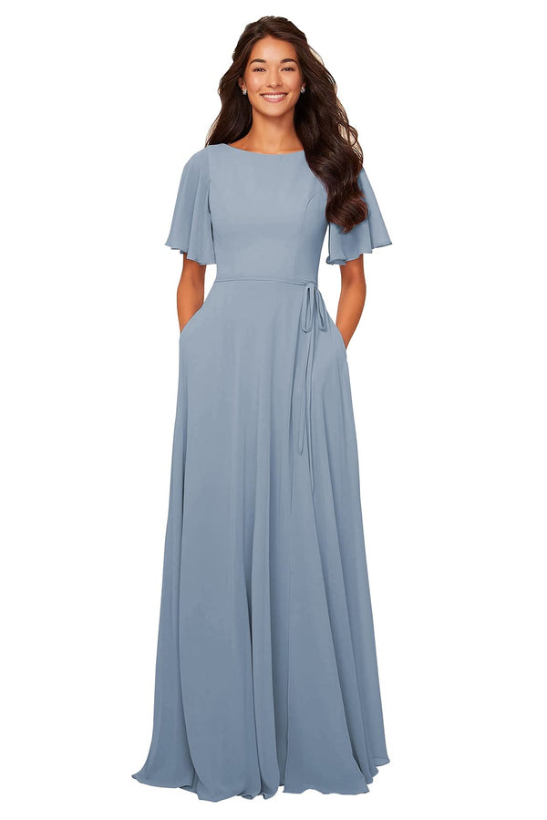 A-line Scoop Floor-Length Chiffon Bridesmaid Dress With Ruffle