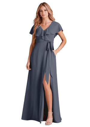 A-line V-Neck Floor-Length Chiffon Bridesmaid Dress With Ruffle
