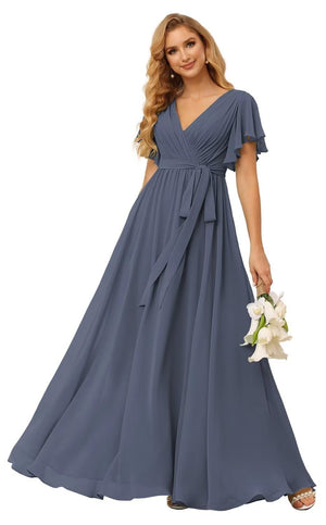 A-line V-Neck Floor-Length Chiffon Bridesmaid Dress With Ruffle