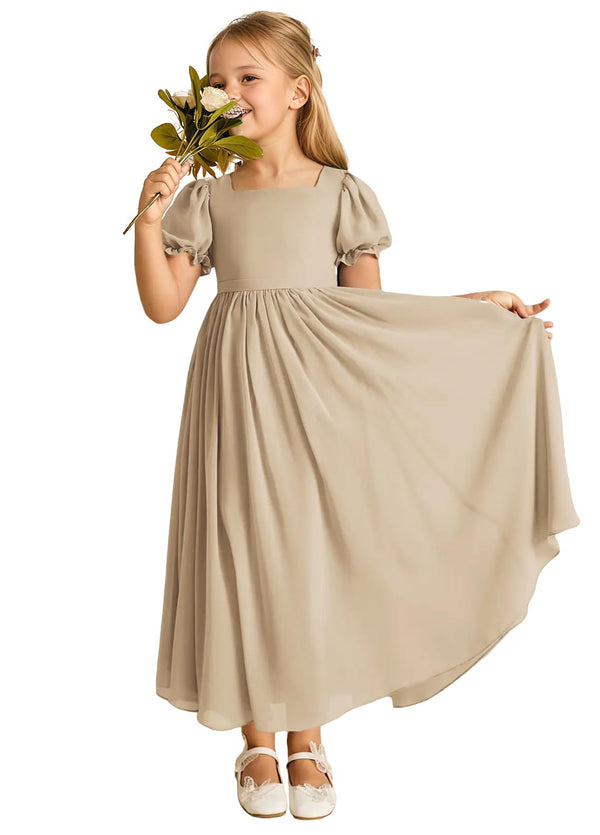 A-line Scoop-Neck Short Sleeves Chiffon Junior Bridesmaid Dress