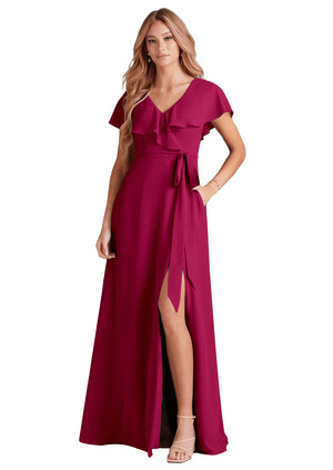 A-line V-Neck Floor-Length Chiffon Bridesmaid Dress With Ruffle