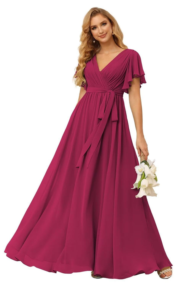 A-line V-Neck Floor-Length Chiffon Bridesmaid Dress With Ruffle