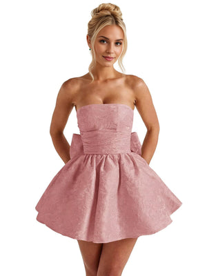 A-Line Strapless Short Jacquard Prom Dresses With Bow