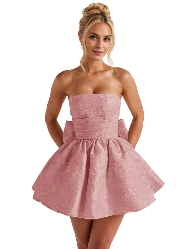 A-Line Strapless Short Jacquard Prom Dresses With Bow