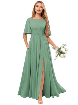A-line Scoop Floor-Length Chiffon Bridesmaid Dress With Ruffle