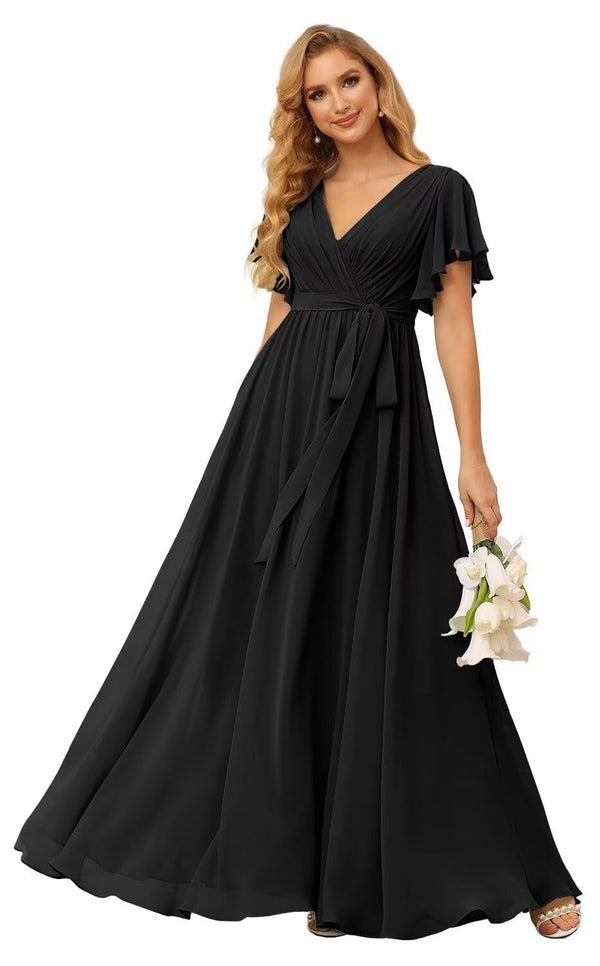 A-line V-Neck Floor-Length Chiffon Bridesmaid Dress With Ruffle