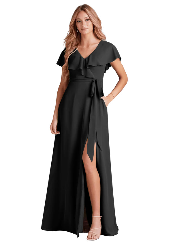A-line V-Neck Floor-Length Chiffon Bridesmaid Dress With Ruffle
