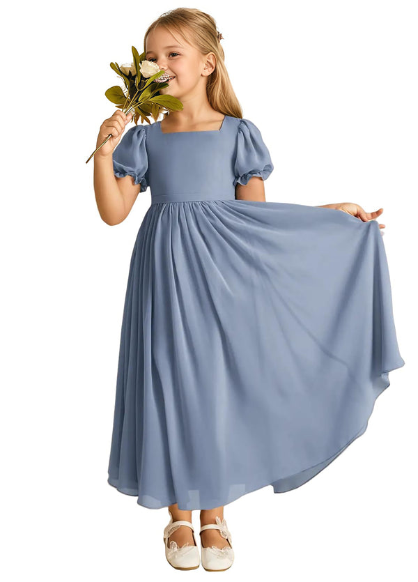 A-line Scoop-Neck Short Sleeves Chiffon Junior Bridesmaid Dress