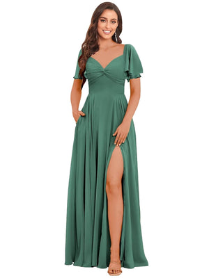 A-line V-Neck Floor-Length Chiffon Bridesmaid Dress With Ruffle