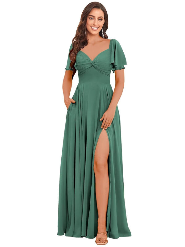 A-line V-Neck Floor-Length Chiffon Bridesmaid Dress With Ruffle