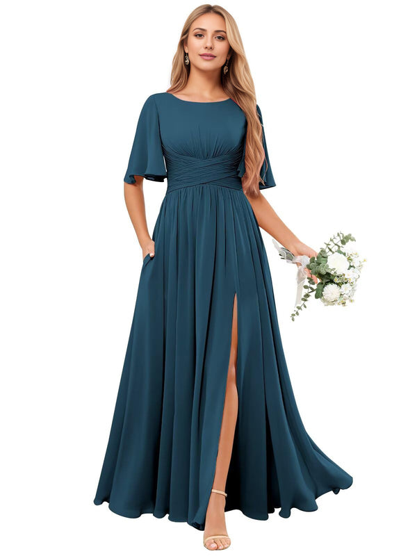 A-line Scoop Floor-Length Chiffon Bridesmaid Dress With Ruffle