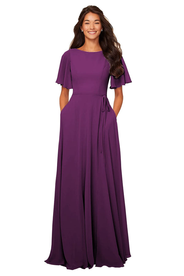 A-line Scoop Floor-Length Chiffon Bridesmaid Dress With Ruffle