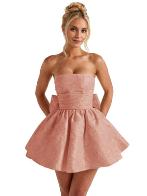 A-Line Strapless Short Jacquard Prom Dresses With Bow