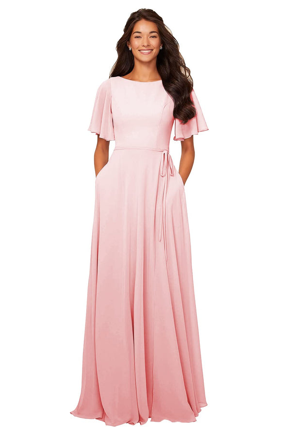 A-line Scoop Floor-Length Chiffon Bridesmaid Dress With Ruffle
