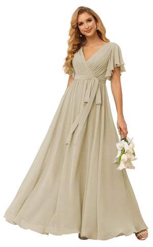 A-line V-Neck Floor-Length Chiffon Bridesmaid Dress With Ruffle
