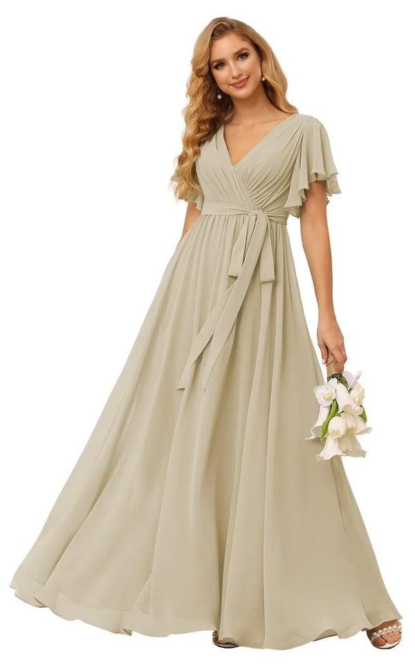 A-line V-Neck Floor-Length Chiffon Bridesmaid Dress With Ruffle