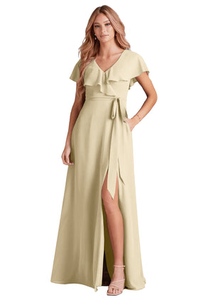A-line V-Neck Floor-Length Chiffon Bridesmaid Dress With Ruffle