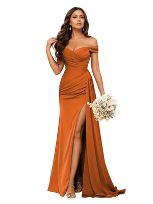 Trumpet/Mermaid Off the Shoulder Sweep Train Satin Prom Dresses