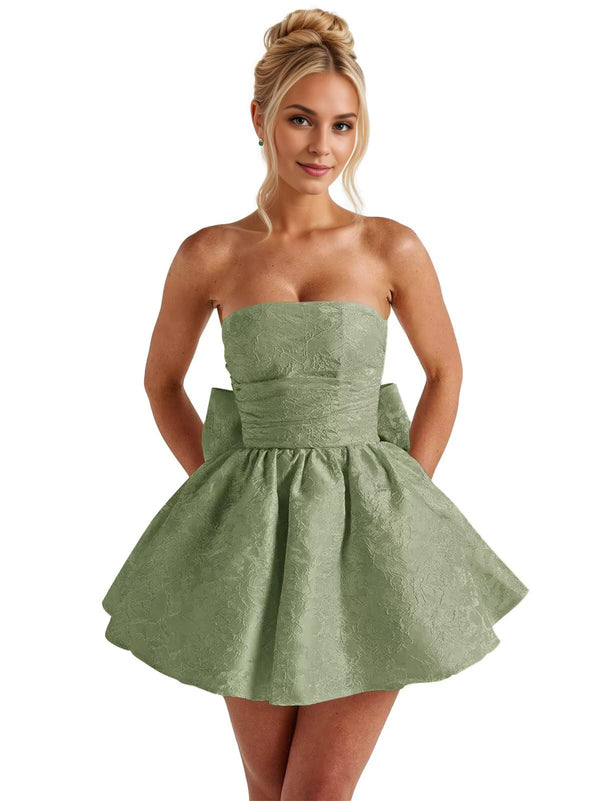 A-Line Strapless Short Jacquard Prom Dresses With Bow