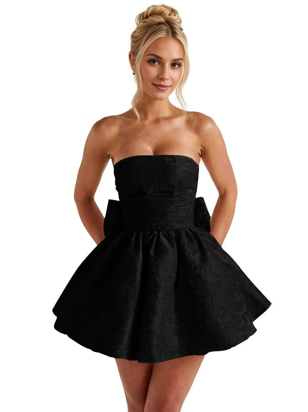 A-Line Strapless Short Jacquard Prom Dresses With Bow