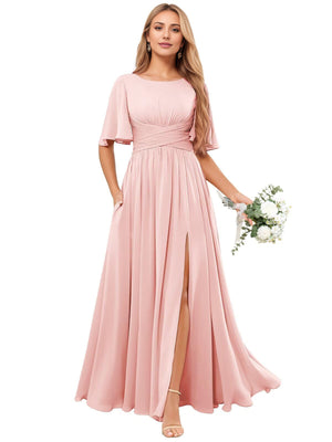A-line Scoop Floor-Length Chiffon Bridesmaid Dress With Ruffle